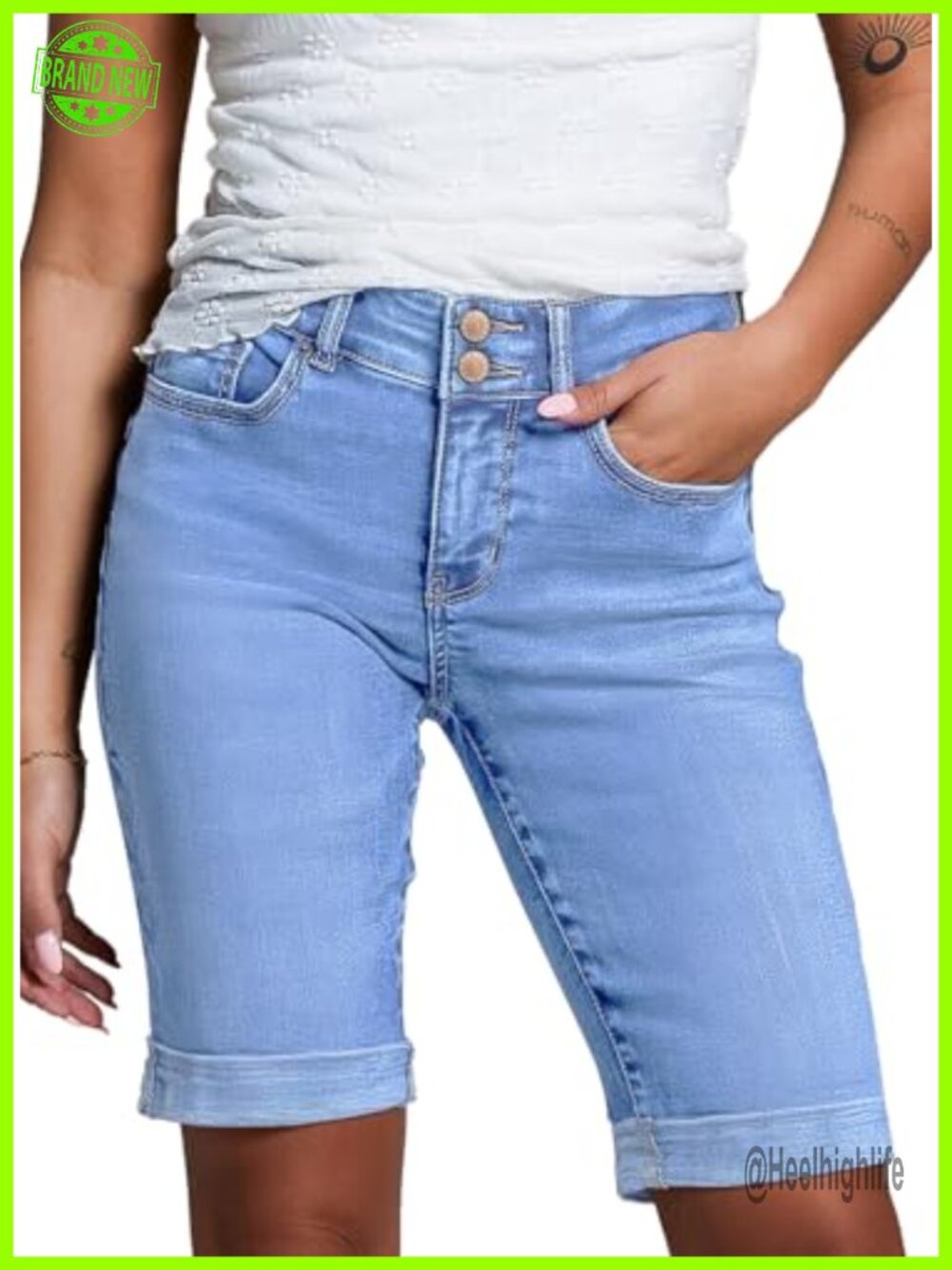 High Waisted Stretchy Bermuda Jean Shorts Women's Denim Folded Hem